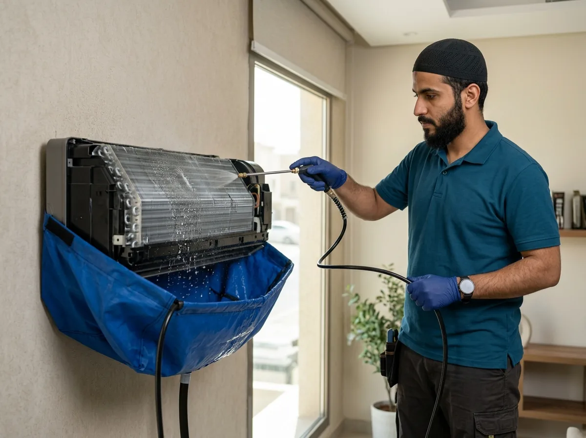 Professional AC washing equipment and waterproof catch bag used in Jeddah