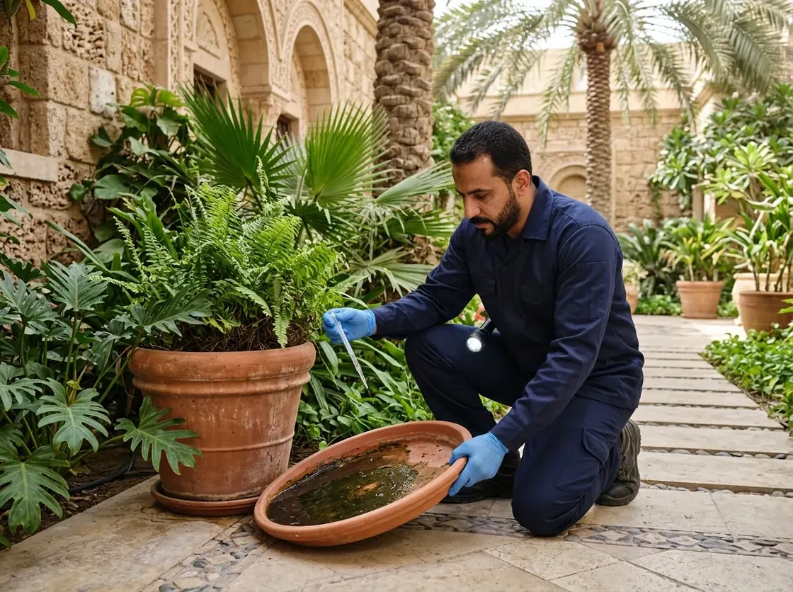 فني مكافحة آفات يفحص أحواض الزرع ومناطق تجمع المياه الراكدة لمكافحة البعوض في حديقة فيلا