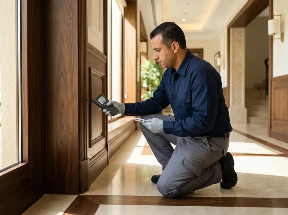 مهندس مكافحة آفات يفحص الإطارات الخشبية والنعلات الجدارية بجهاز فحص النمل الأبيض